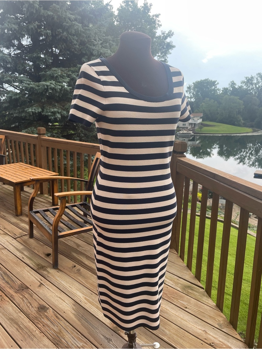 Jason Wu Navy and Cream Striped Scoop Neck Midi Dress